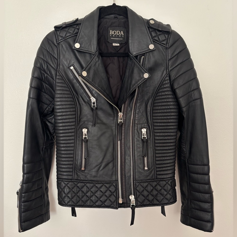 Boda Skins Kay Michaels Tall Black Leather Jacket, Silver Hardwear Size US 2